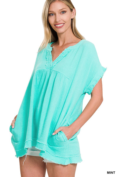 V-NECK SHIRT GAUZE RAW EDGE SHORT SLEEVE - Mint
