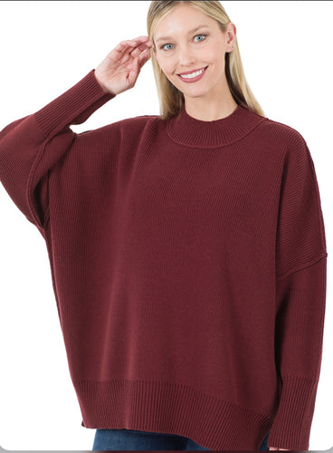 Side Slit Oversized Sweater - Dark Burgundy