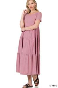 Short sleeve tiered midi dress - 4 assort colors