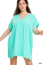 DRESS GAUZE ROLLED SHORT SLEEVE RAW EDGE V-NECK - Mint