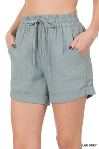 Linen drawstring-waist shorts w/ pockets - 6 assort colors