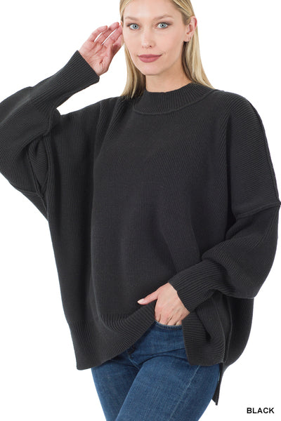 Side Slit Oversized Sweater - Black