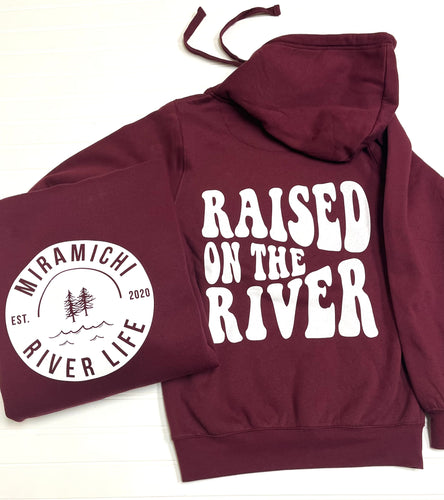 MRL Unisex Hoodie - ‘RAISED ON THE RIVER’ Saying on back, Circle Logo on front - BURGUNDY