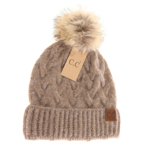 Chunky Braided Cable Knit Fur Pom C.C Beanie