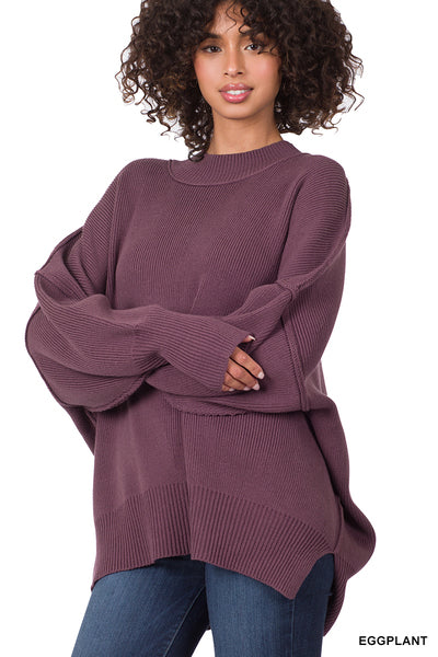 Side Slit Oversized Sweater - Eggplant