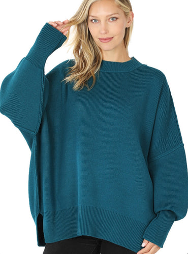 Side Slit Oversized Sweater - Teal