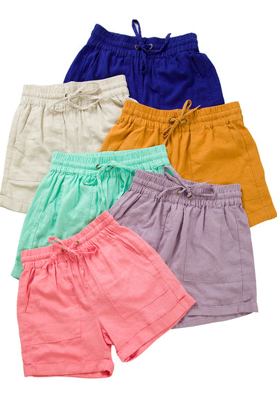 Linen drawstring-waist shorts w/ pockets - 6 assort colors