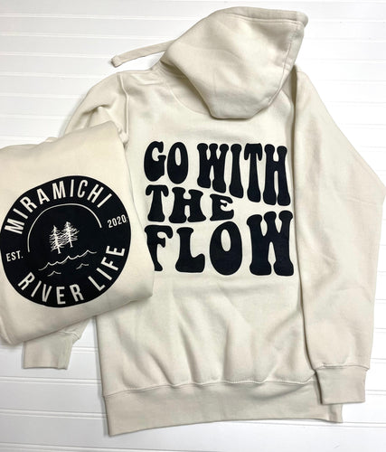 MRL Unisex Hoodie - ‘GO WITH THE FLOW’ Saying on back, Circle Logo on front - CREAM