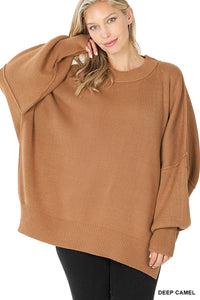 Side Slit Oversized Sweater - Deep Camel