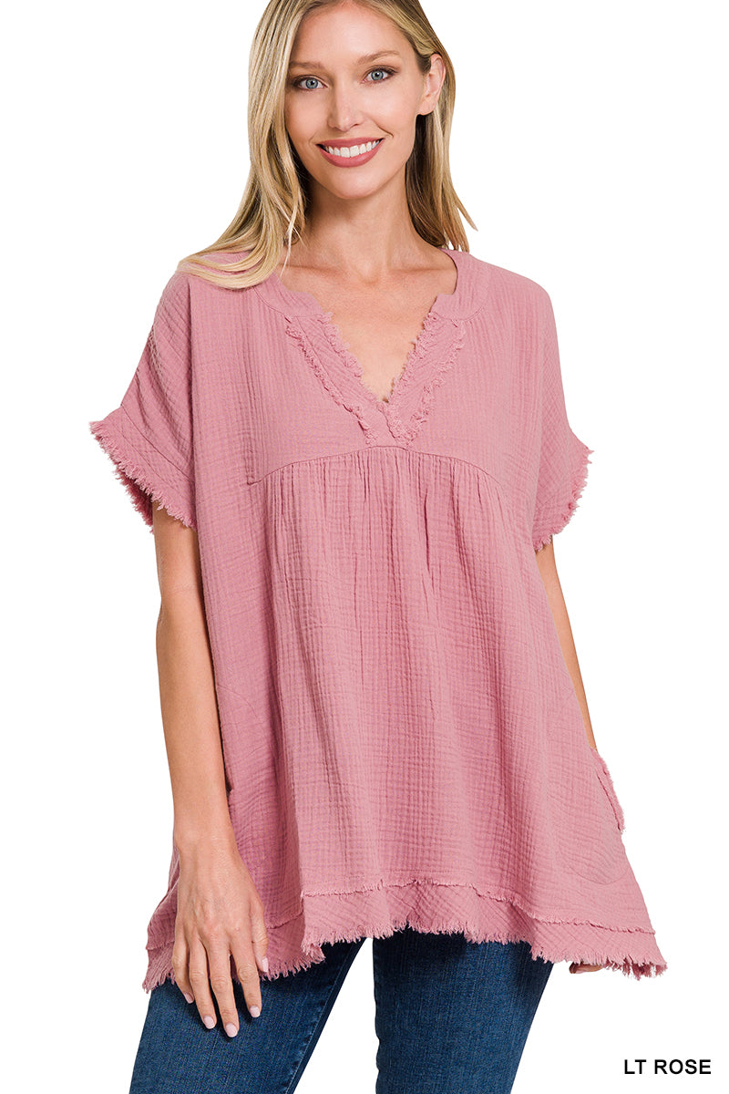 V-NECK SHIRT GAUZE RAW EDGE SHORT SLEEVE - Light Rose