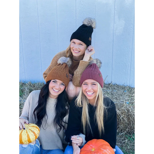 Solid Honey Comb Fur Pom C.C Beanie
